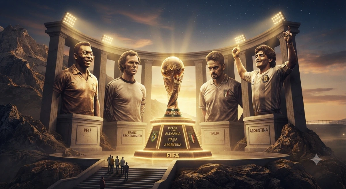 Composición cinematográfica de estilo 'Monte Rushmore' del fútbol. En primer plano, el trofeo de la Copa del Mundo de la FIFA sobre un pedestal iluminado con los nombres de Brasil (5), Alemania (4), Italia (4) y Argentina (3). Detrás, siluetas gigantes de las leyendas Pelé, Beckenbauer, Baggio y Maradona mirando hacia el trofeo. Imagen de portada para el artículo: País con más Copas del Mundo.