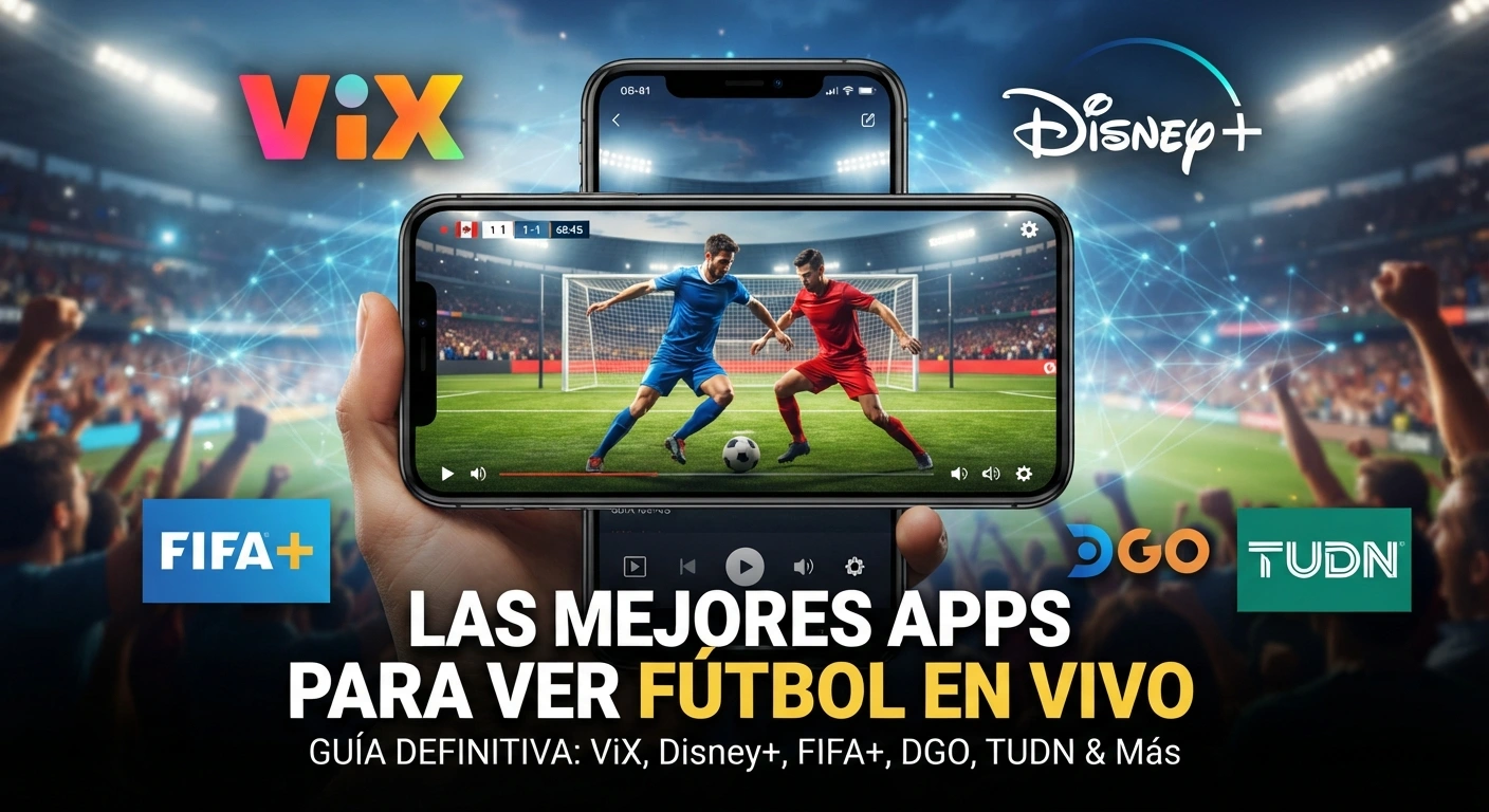 Smartphone en manos de una persona mostrando un partido de fútbol en vivo, rodeado por los logotipos de ViX, Disney+, FIFA+, DGO y TUDN sobre un fondo de estadio lleno. Imagen de portada para el artículo: Apps para ver fútbol en vivo: ¿dónde ver el Mundial 2026 gratis en Latinoamérica?