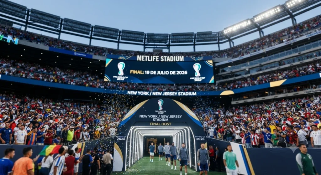 Vista de plano medio a nivel de cancha dentro del MetLife Stadium (New York New Jersey Stadium) preparado para la final de la Copa Mundial de la FIFA 2026. Se aprecia la entrada del túnel de jugadores iluminada y la pantalla gigante con el gráfico 'FINAL: 19 DE JULIO DE 2026'. El estadio está lleno de aficionados y caen confeti, creando un ambiente festivo. Imagen para ilustrar el interior del artículo.