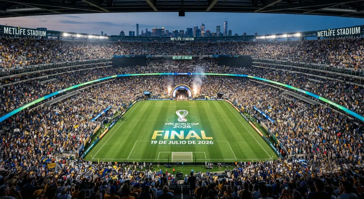 Vista panorámica desde las gradas del MetLife Stadium lleno durante la gran final de la Copa Mundial de la FIFA 2026. Sobre el césped se proyecta el logo oficial del torneo con el texto 'FINAL 19 DE JULIO DE 2026' y al fondo se observa el skyline de la ciudad. Imagen de portada para el artículo: ¿Cuándo termina el Mundial 2026 y dónde será la final?
