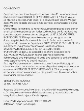 Comunicado de Jefferson Farfán sobre el cambio de magistrado en el caso que sigue contra Magaly Medina. ( Redes sociales de Jefferson Farfán)